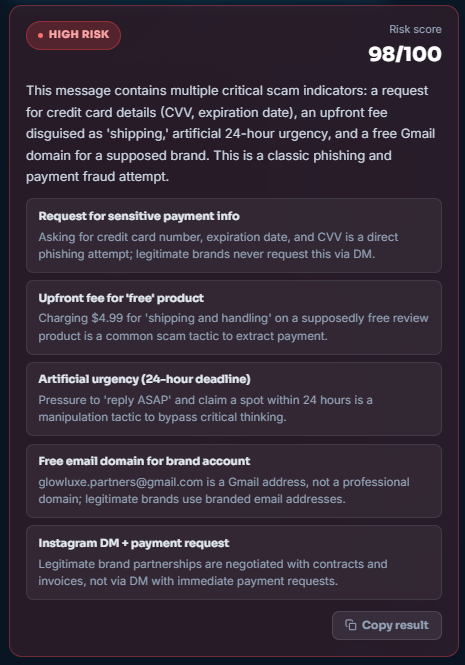 Example scam detector result showing HIGH RISK 98/100 with five red flags identified